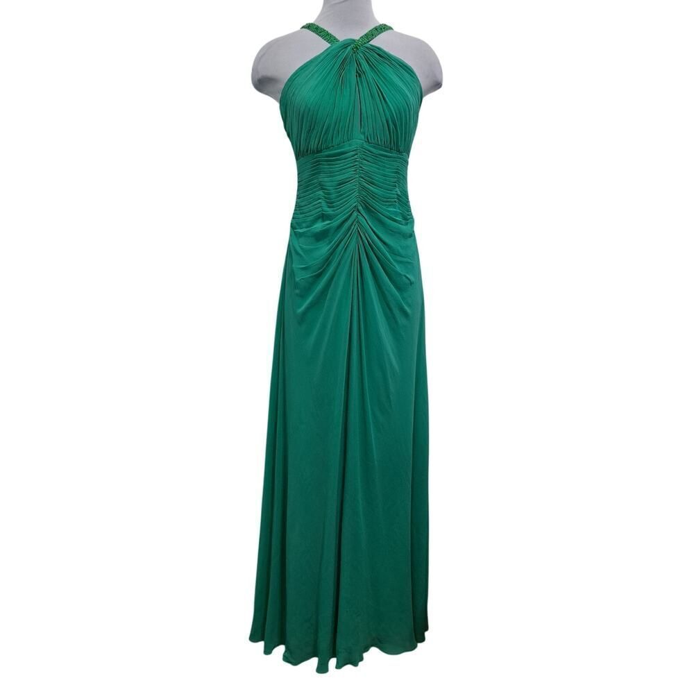 Vintage Tadashi Silk Embellished Sequins Y2k Glam Party Maxi Dress Sz 8 Green
